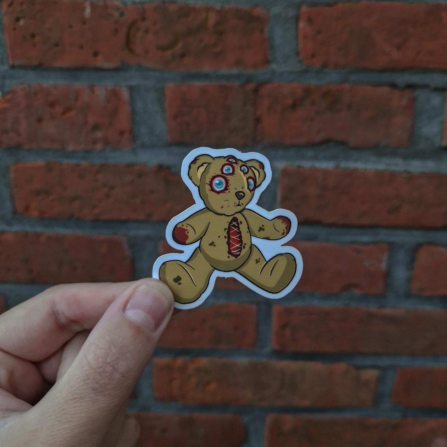 Scary creepy vinyl sticker, horror disturbing label, dark mysterious teddy bear, Gothic decoration, eerie monster haunted illustration