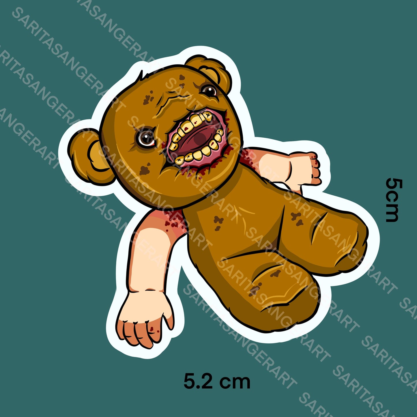 Scary creepy vinyl sticker, horror disturbing label, dark mysterious teddy bear, Gothic decoration, eerie monster haunted illustration