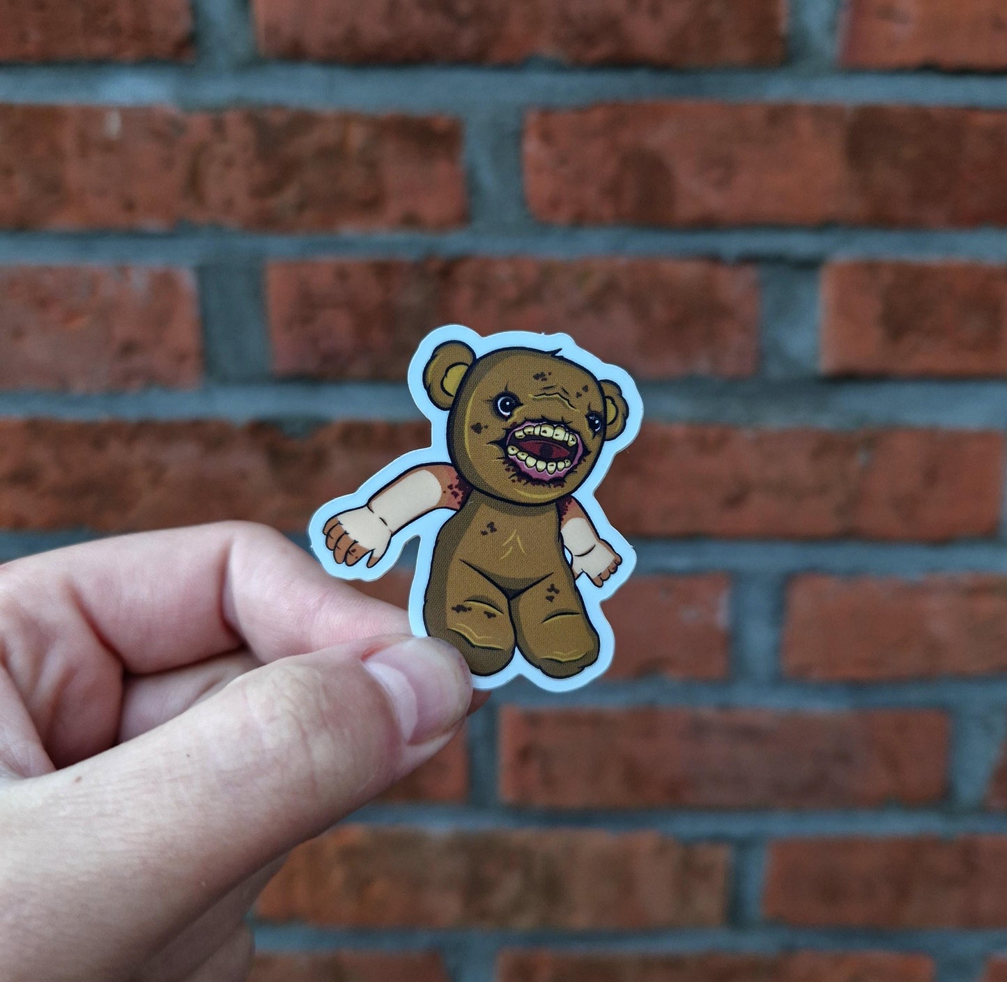 Scary creepy vinyl sticker, horror disturbing label, dark mysterious teddy bear, Gothic decoration, eerie monster haunted illustration