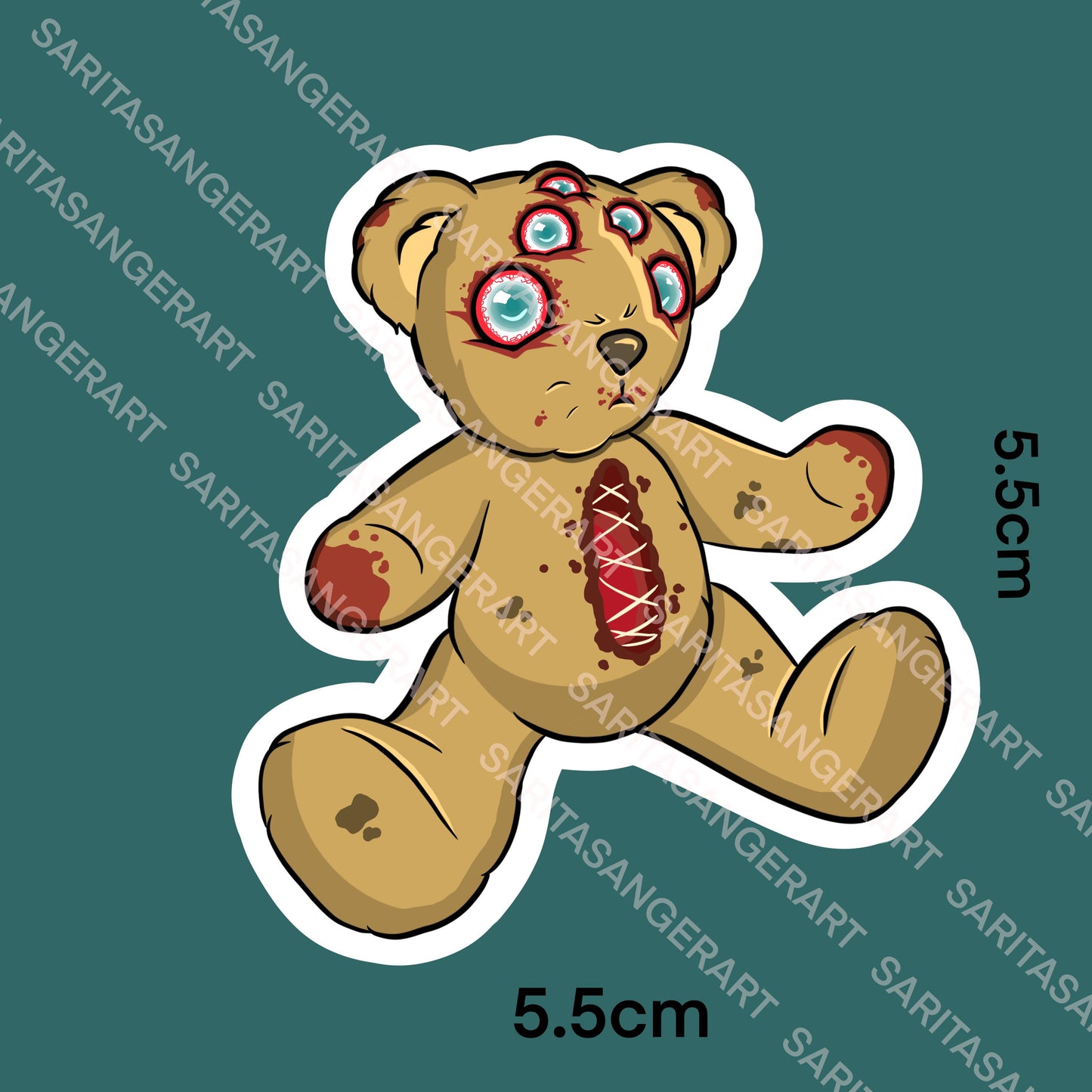 Scary creepy vinyl sticker, horror disturbing label, dark mysterious teddy bear, Gothic decoration, eerie monster haunted illustration