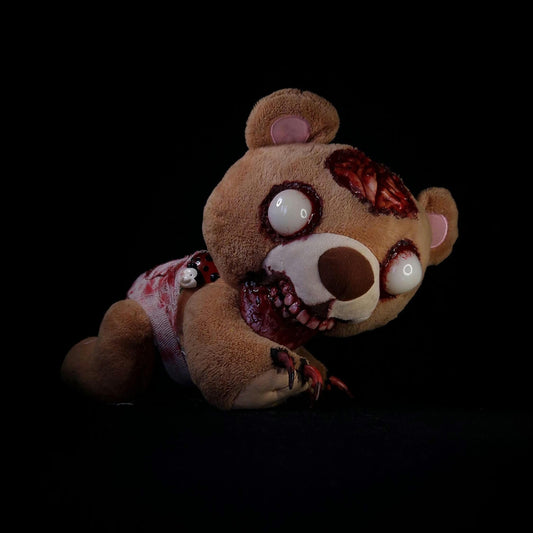 Creepy baby bear with bloody diapers, white eyes, bloody teeth and bloody brains 