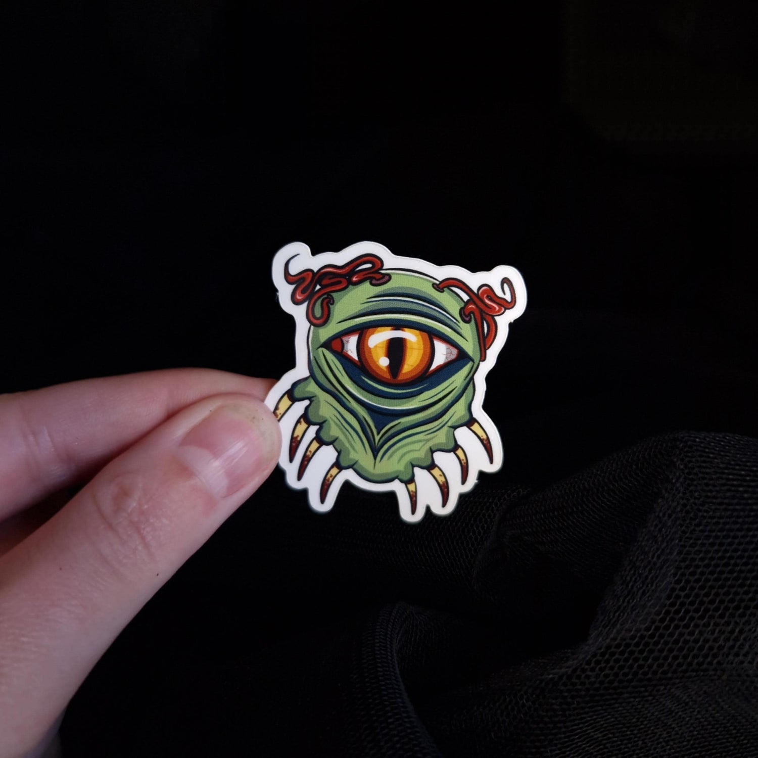Zombie eye green skin sticker with maggots and teeth 