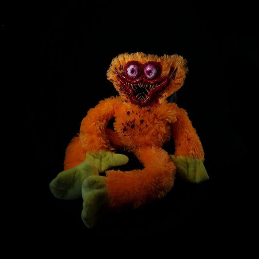 Orange huggy wuggy with  bloodshot eyes, bloody mouth and sharp teeth 